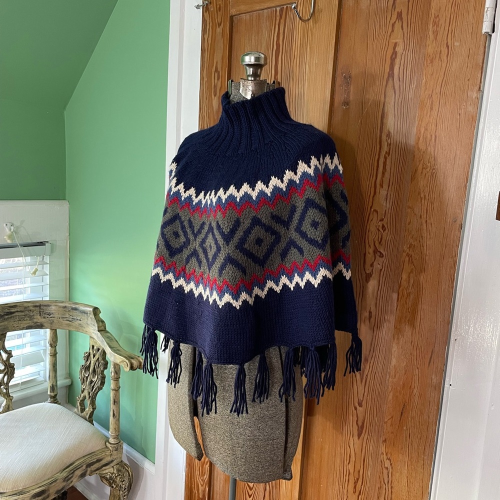 Vintage Wool Blend Argyle Poncho Wool Blend Boho Western Fringe - One Size - Picture 3 of 9